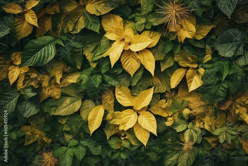 Foliage background with a variety of vibrant plant leaves showing a diverse ecosystem and the biodiversity of nature with unique gold plant leaves.  Earth day background.   generate ai