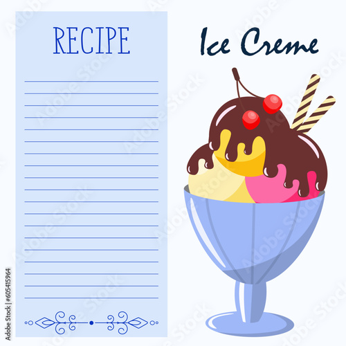 Blank page for homemade ice cream recipe with ice cream icon and lined text box. Vector illustration.