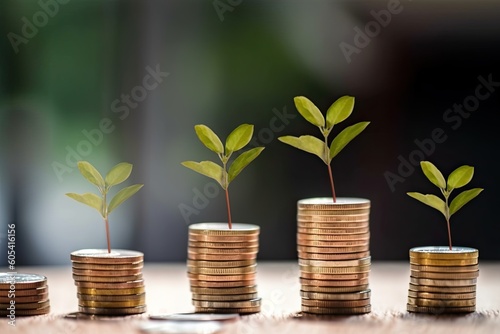 Money coins stack growing plant. finance accounting concept.AI Generated