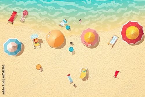 Top view beach background with umbrellas,balls,swim ring,sunglasses,surfboard, hat,sandals and sea.AI Generated