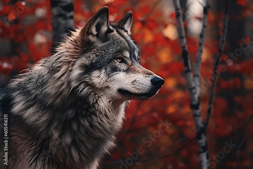 A wolf in the forest. A single wild wolf in the autums forest. A predator. Generative ai. photo