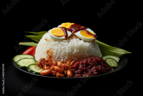 Nasi lemak, malay fragrant rice dish cooked in coconut milk and pandan leaf served with various sid. A plate of food with rice, cucumber, and a fried egg. Realistic 3D illustration. Generative AI photo