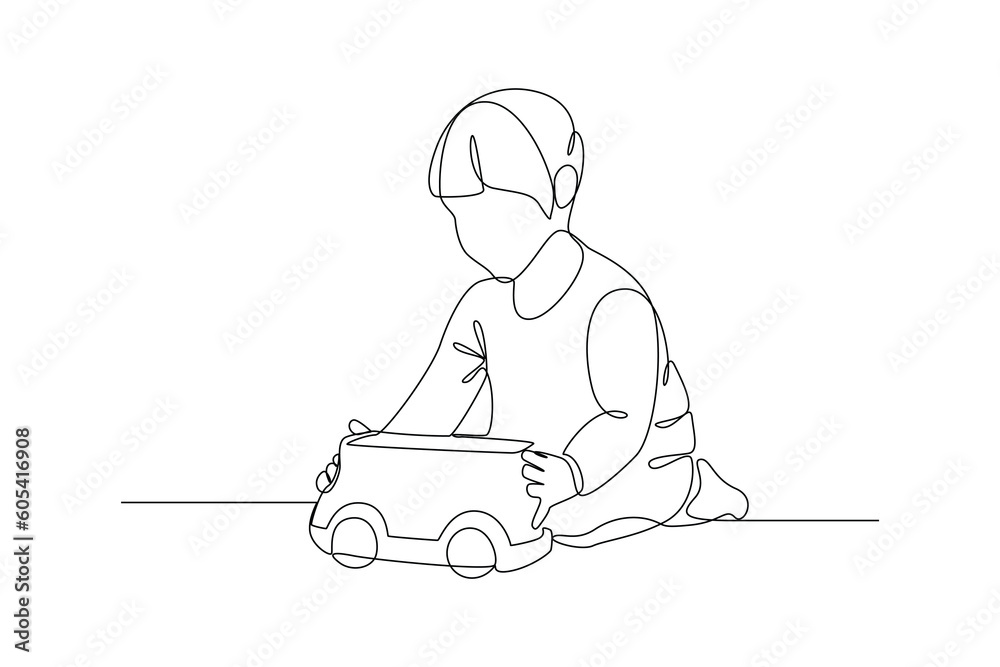 Single one-line drawing happy boy playing toy car. Children playing with toys concept. Continuous line drawing illustration