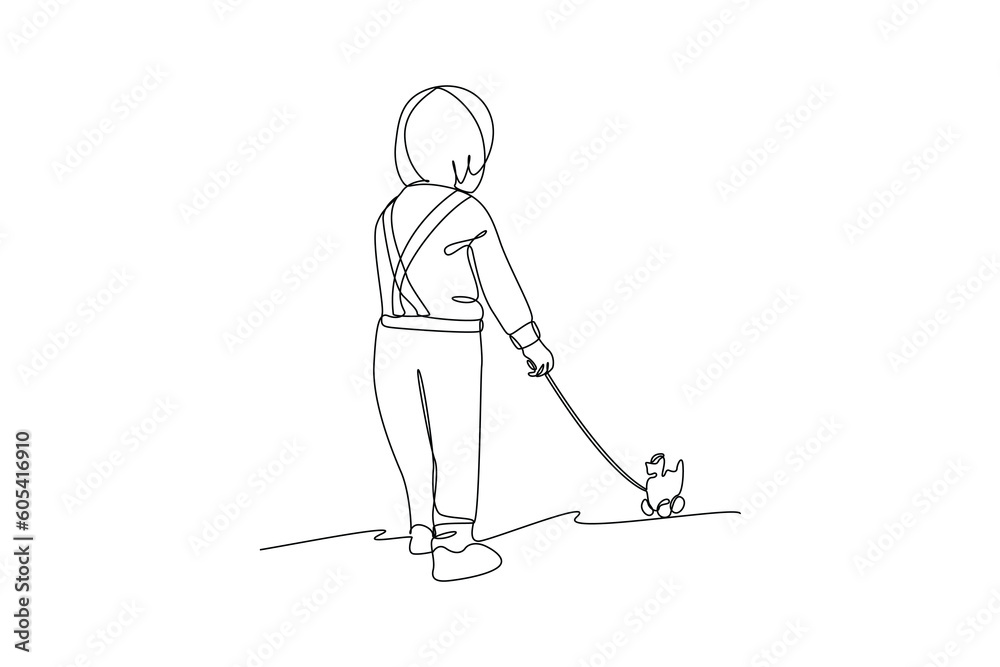 Single one-line drawing boy playing horse toy. Children playing with toys concept. Continuous line drawing illustration Single one-line drawing boy playing horse toy. Children playing with toys concept. Continuous line drawing illustration