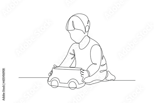 Single one-line drawing happy boy playing toy car. Children playing with toys concept. Continuous line drawing illustration