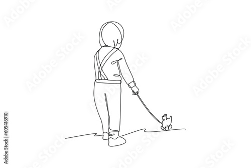 Single one-line drawing boy playing horse toy. Children playing with toys concept. Continuous line drawing illustration