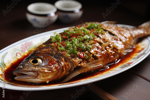 Saba mackerel fish grill with teriyaki sauce. Grilled saba or mackerel with sweet sauce served with miso soup. Fried fish with chili sauce. Realistic 3D illustration. Generative AI