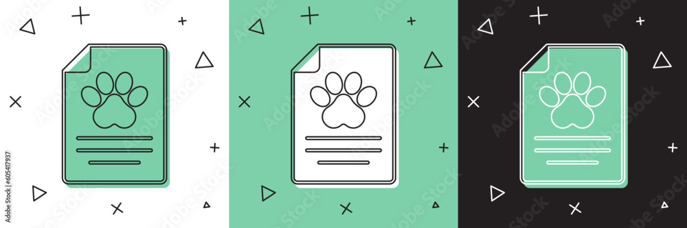 Set Clipboard with medical clinical record pet icon isolated on white and green, black background. Health insurance form. Medical check marks report. Vector Set Clipboard with medical clinical record pet icon isolated on white and green, black background. Health insurance form. Medical check marks report. Vector