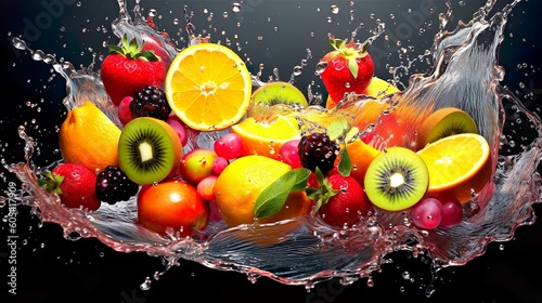 Frische Früchte fallen ins Wasser, Kiwi, Orange, Erdbeere, Apfel, Obst bunt angerichtet, spritzig und schön, gesunde Vitamine