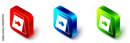 Isometric Food for fish icon isolated on white background. Red, blue and green square button. Vector