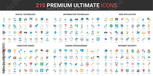 Information technology, internet color flat icons set vector illustration. Abstract symbols of digital cyber security, computer games and programming software simple design for mobile and web apps