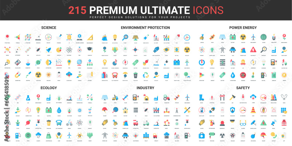 Science, eco safety of power energy industry, ecology color flat icons set vector illustration. Abstract symbols of environmental protection, lab research simple design for mobile and web apps Science, eco safety of power energy industry, ecology color flat icons set vector illustration. Abstract symbols of environmental protection, lab research simple design for mobile and web apps