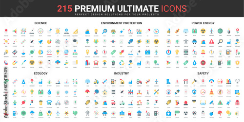 Science, eco safety of power energy industry, ecology color flat icons set vector illustration. Abstract symbols of environmental protection, lab research simple design for mobile and web apps