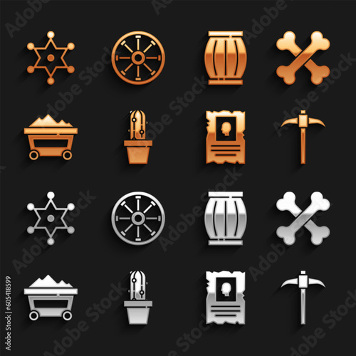 Set Cactus peyote in pot, Crossed human bones, Pickaxe, Wanted western poster, Coal mine trolley, Gun powder barrel, Hexagram sheriff and Old wooden wheel icon. Vector