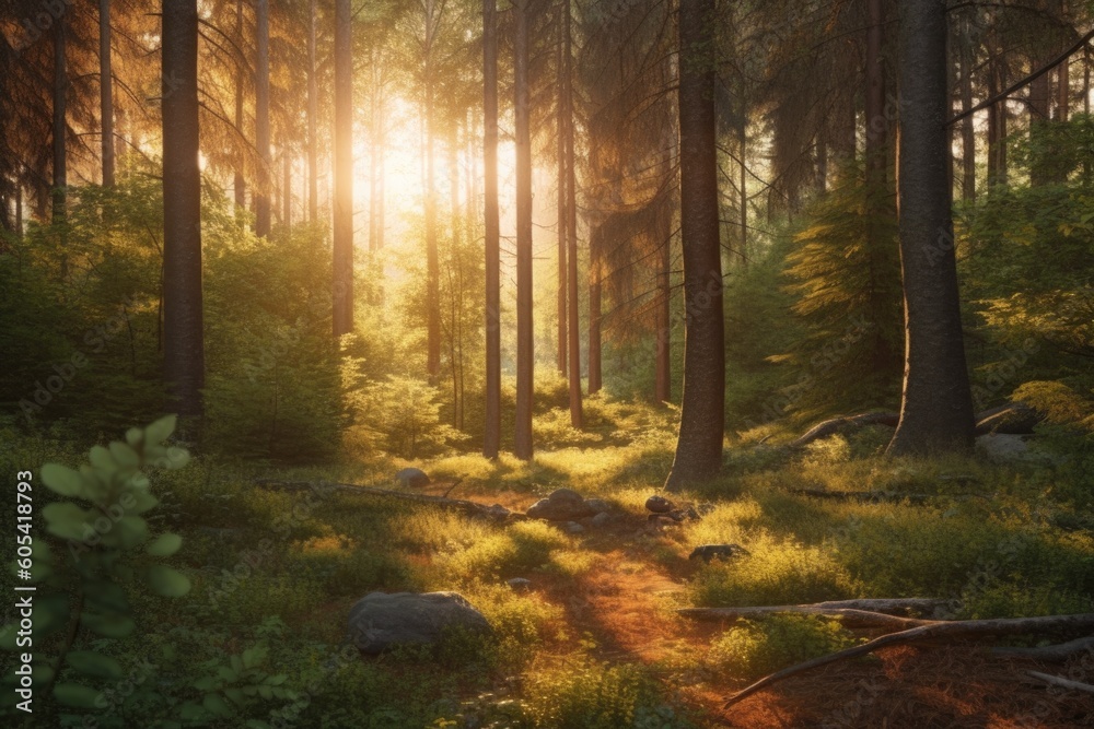 Fototapeta premium A forest scene with the sun shining through the trees Generative Ai