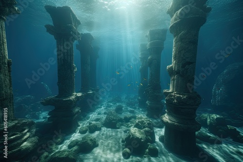 Underwater ruins of a sunken city Generative Ai