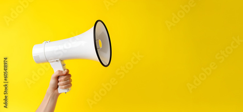 Hand With White Megaphone With Copy Space on Yellow Background: AI Generated Image