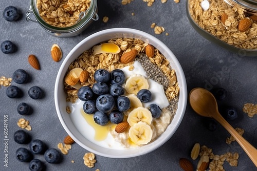 Bowl of greek yogurt with oatmeal granola, banana, blueberry, nuts, chia seeds and honey on gray table. Top view, generate ai