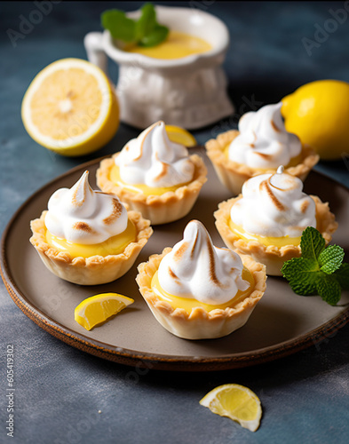 Fototapete Lemon meringue tarts, one bite desserts idea, generate ai