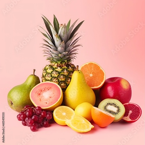 Many different fresh fruits on light pink background  generate ai