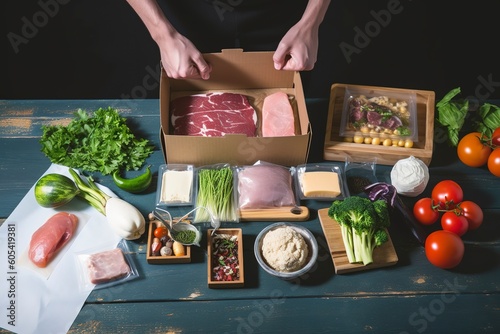 Box with packed meat and vegetables on kitchen background. Food delivery services during the coronavirus pandemic and social distancing. Shopping online. Dinner delivery service, generate ai