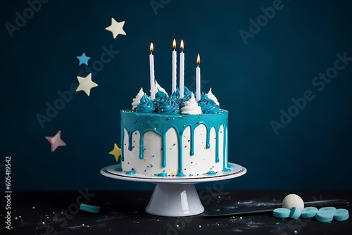 White birthday drip cake with teal ganache, star toppers and fun candles over dark blue background, generate ai