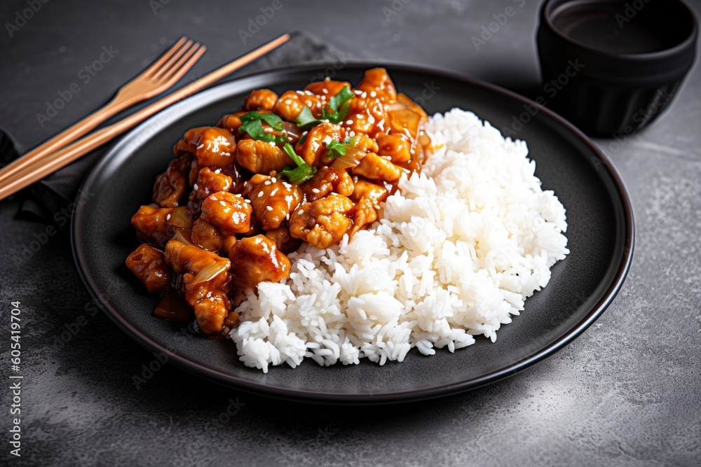 Sweet and sour chili sauce chicken with rice in a plate, generate ai
