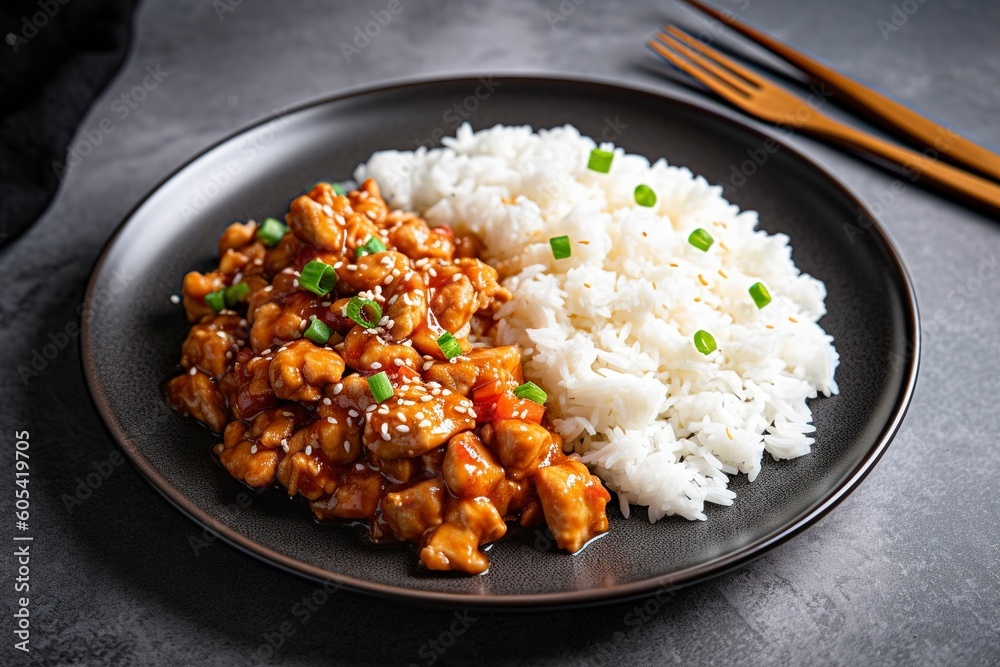 Sweet and sour chili sauce chicken with rice in a plate, generate ai Sweet and sour chili sauce chicken with rice in a plate, generate ai