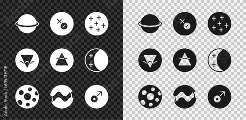 Set Planet Saturn, Venus symbol, Full moon, Mars, Earth element and Air icon. Vector