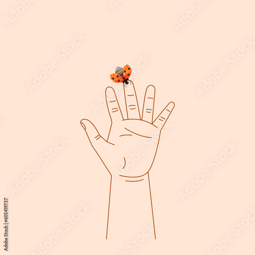 Hand of  child with  palm extended vertically upwards holds  ladybug on his finger. Vector illustration on a peach background. Concept of childhood, openness to the world, love for nature.