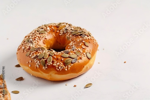 Tasty bagel with sesame and pumpkin seeds on light background, generate ai