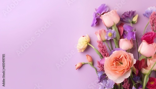 multicolored spring flowers on purple background , generate ai