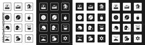 Set Electric kettle, Cigarette, Cookie or biscuit, Tea leaf, Mate tea, Piece of cake, Teapot and Lemon icon. Vector