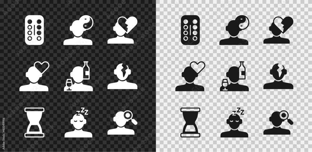 Set Sedative pills, Yin Yang symbol, Broken heart or divorce, Old hourglass, Dreams, Finding problem psychology, and Alcoholism icon. Vector Set Sedative pills, Yin Yang symbol, Broken heart or divorce, Old hourglass, Dreams, Finding problem psychology, and Alcoholism icon. Vector