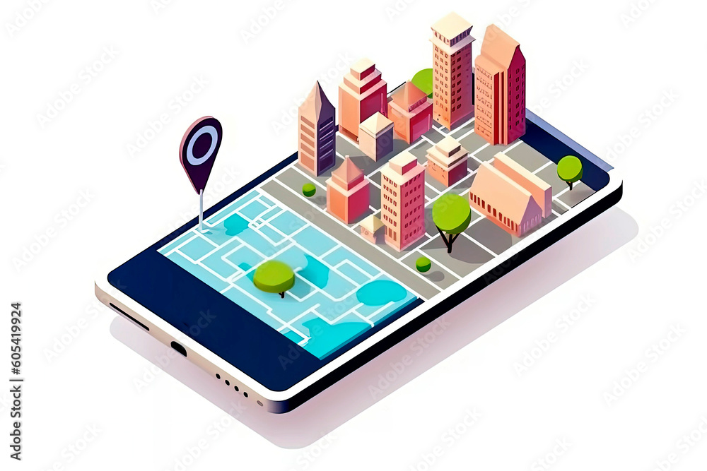 Generative AI illustration of City map route navigation online on smartphone with point locator, City isometric plan with road and buildings Generative AI illustration of City map route navigation online on smartphone with point locator, City isometric plan with road and buildings