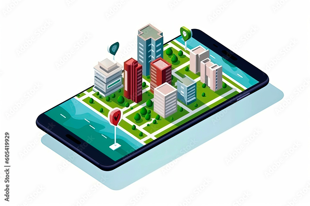 Generative AI illustration of City map route navigation online on smartphone with point locator, City isometric plan with road and buildings Generative AI illustration of City map route navigation online on smartphone with point locator, City isometric plan with road and buildings