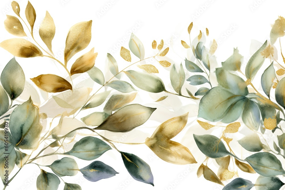 Watercolor seamless border - illustration with green gold leaves and ...