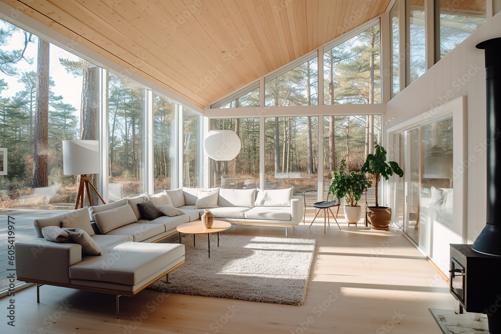 A living luxurary room of a beautiful bright modern Scandinavian style house, generative AI A living luxurary room of a beautiful bright modern Scandinavian style house, generative AI