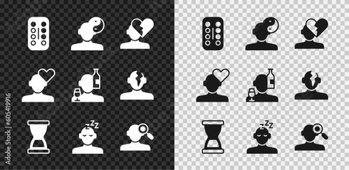 Set Sedative pills, Yin Yang symbol, Broken heart or divorce, Old hourglass, Dreams, Finding problem psychology, and Alcoholism icon. Vector
