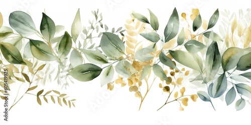Watercolor seamless border - illustration with green gold leaves and branches, for wedding stationary, greetings, wallpapers, fashion, backgrounds , generate ai