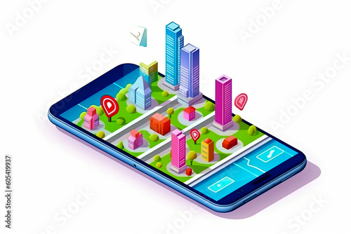 Wallpaper Mural Generative AI illustration of City map route navigation online on smartphone with point locator, City isometric plan with road and buildings Torontodigital.ca