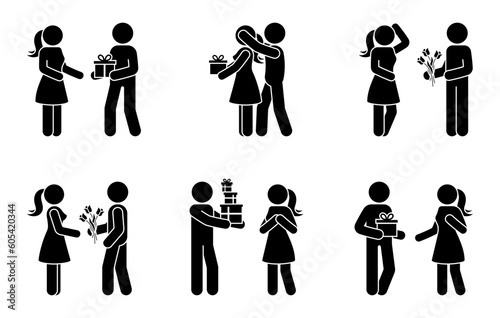 Stick figure man and woman giving presents vector illustration set. People at holidays receiving gift box stickman icon silhouette pictogram