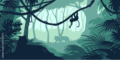 Green jungle landscape. Rainforest silhouette. Forest panorama with tigers and monkey. Tropical horizontal background