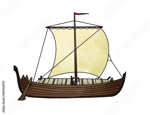 Traditional Viking Longship with Sail. A wooden Viking longship with a single sail and detailed design, representing Norse seafaring culture.