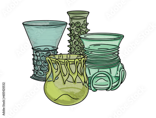 Medieval glassware. Green and blue glasses with different decorations. Hand drawn color illustration with black outline. For illustrations of books, textbooks, encyclopedias, lectures