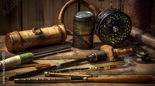 Neatly arranged assortment of fly fishing gear laid on a rustic wooden surface, focus on details of rods, reels, lines, and handcrafted flies with vibrant colors, Generative ai
