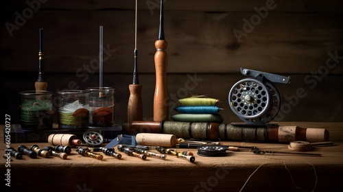 Neatly arranged assortment of fly fishing gear laid on a rustic wooden surface, focus on details of rods, reels, lines, and handcrafted flies with vibrant colors, Generative ai