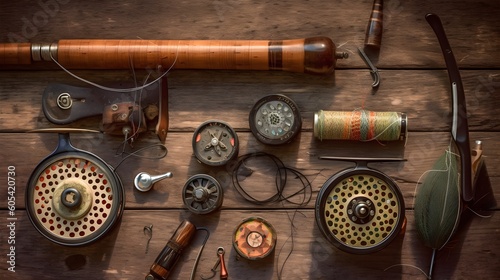 Neatly arranged assortment of fly fishing gear laid on a rustic wooden surface, focus on details of rods, reels, lines, and handcrafted flies with vibrant colors, Generative ai