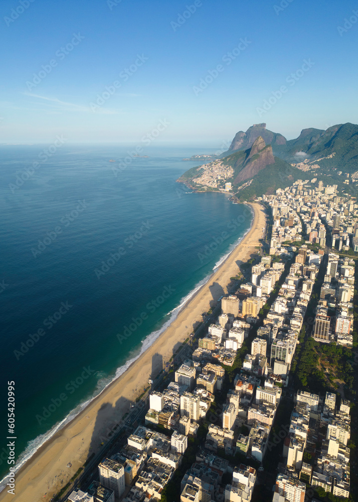 Aerial View of Ipanema and Leblon Beach and District With Mountains in the Horizon in Rio de Janeiro, Brazil