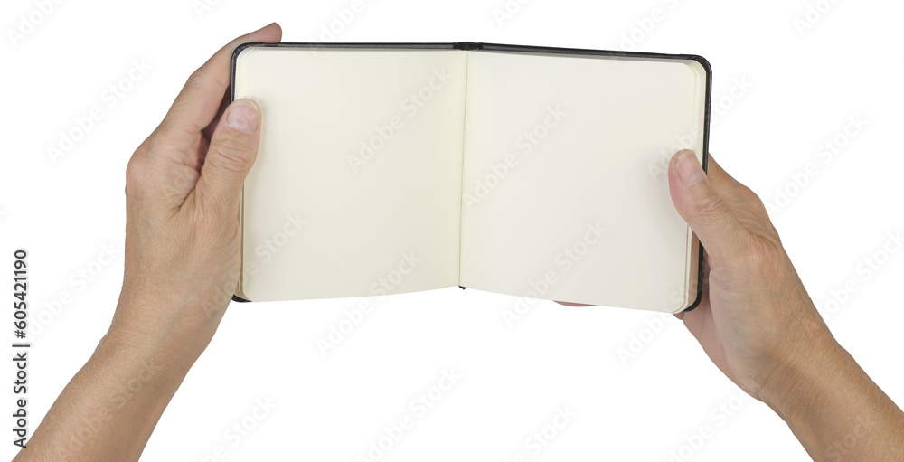 Female holding open book showing two blank cream pages ideal for your ...